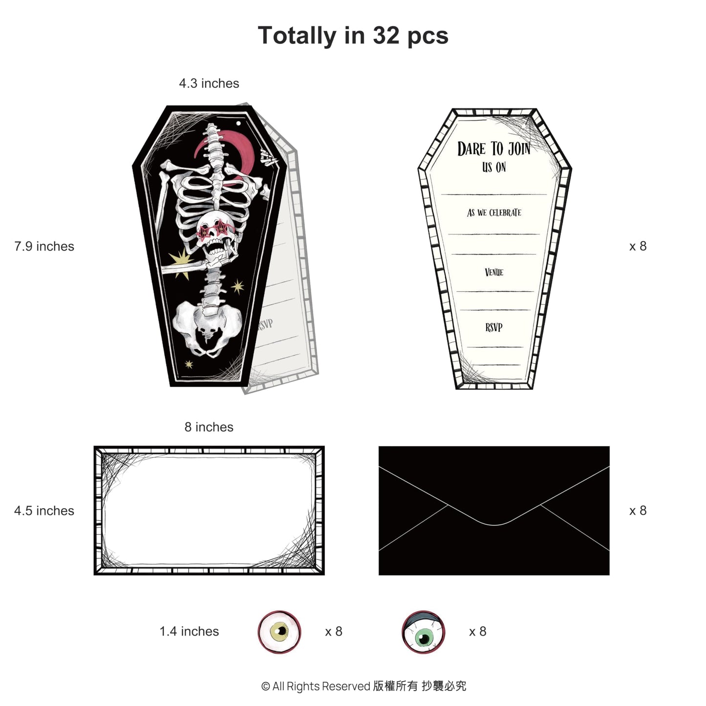 Cheerland Spooky Skeleton Coffin Gothic Summerween Party Invitations Letters With Envelopes and Stickers for Emo Parties Scary Wedding Invitation cards Goth Halloween Party Invites Party Supplies 8Pcs