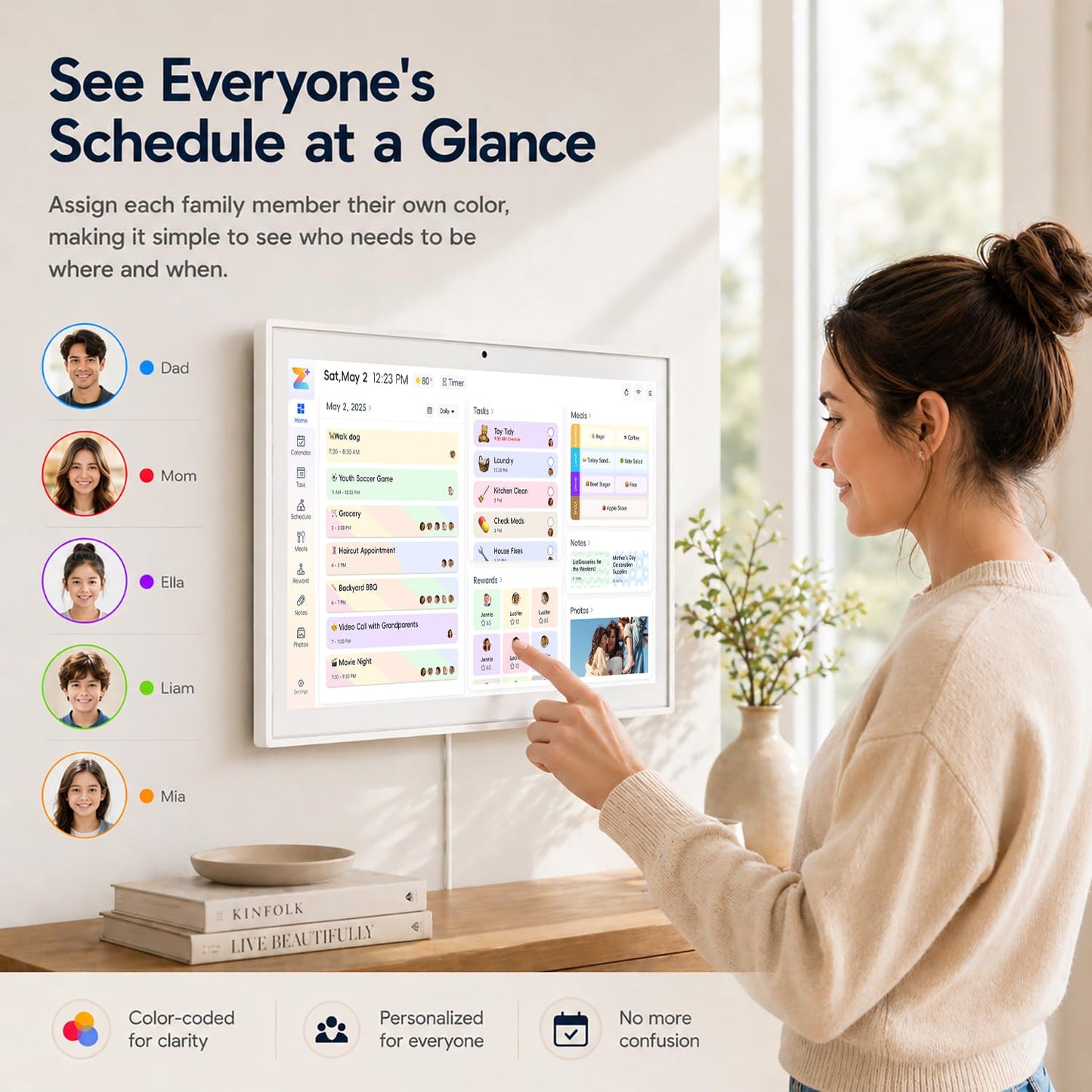 Beinhome 15.6" Smart Digital Calendar No Subscription, Touch Screen Electronic Wall Planner with Interactive Kids Chores Chart & Rewards, Photo Display, Full HD Family Schedule Organizer