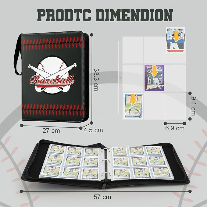 Trading Card Binder with Sleeves 9 Pocket Premium 720 Double Sided Pocket PU Card Collection Binder, Collectible Albums Card Folder for MTG, TCG, Sports Cards（9-Black Baseball）