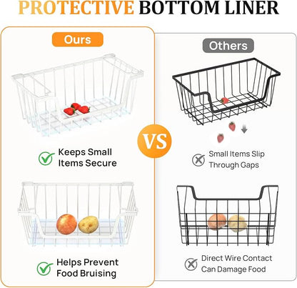 SUNALLY Stackable Storage Bins 4 Pcs Wire Baskets for Pantry Organizers and Storage, Vegetable Fruit Storage Basket for Countertop Organizer,Kitchen Baskets for Onion Potato Snack Cans Storage,White