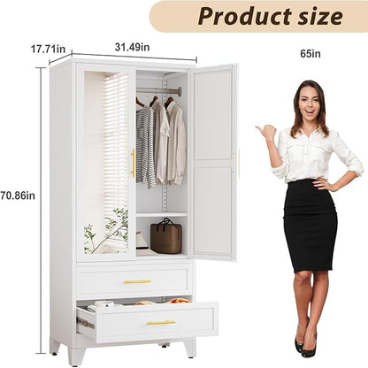 Metal Wardrobe Storage Cabinet with Mirror and Hanging Rod,71'' Metal Clothing Cabinet with 2 Doors and 2 Drawers and Adjustable Shelves for Bedroom, Laundry Room, Cloak Room (White)