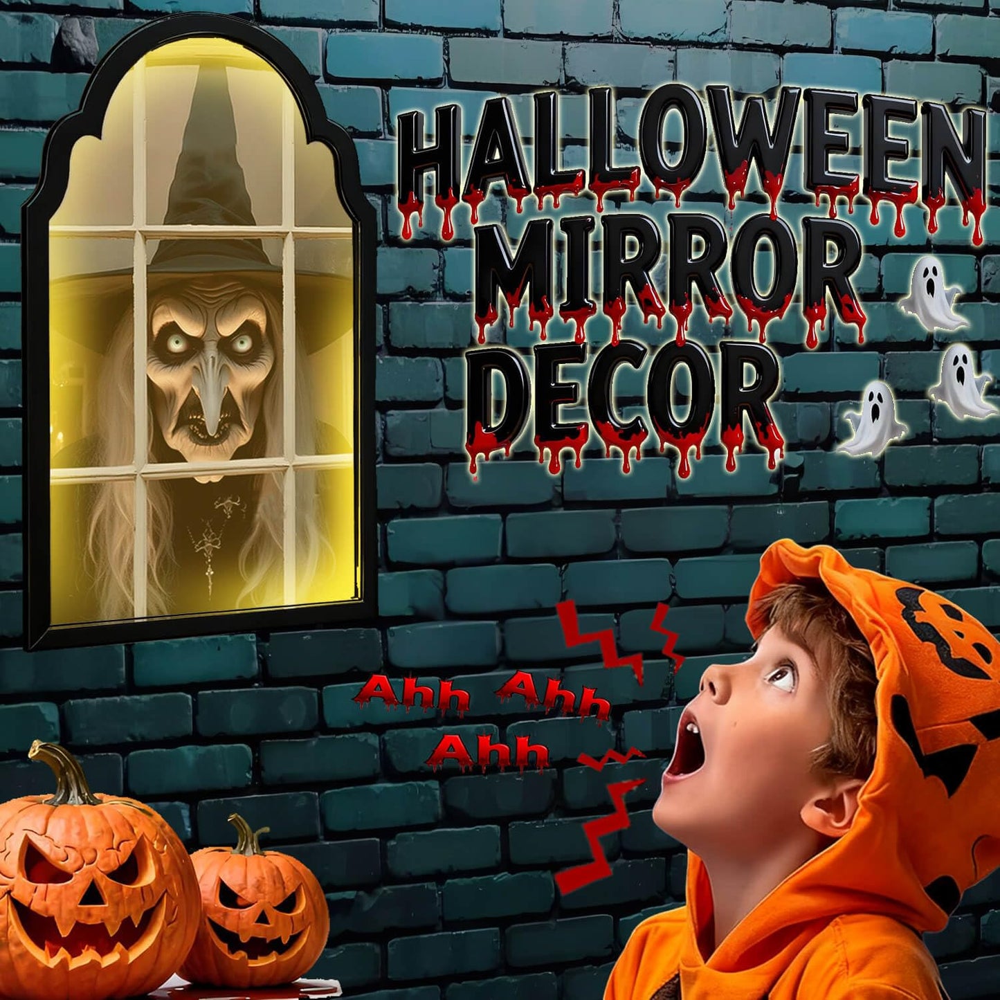 EZTZMCN 2025 Halloween Decorations Indoor - 15" x 9" Ghost Hologram Mirror with Witch, Spooky Wall Mirror - Decoration for Home Bedroom Party Room (No Battery)