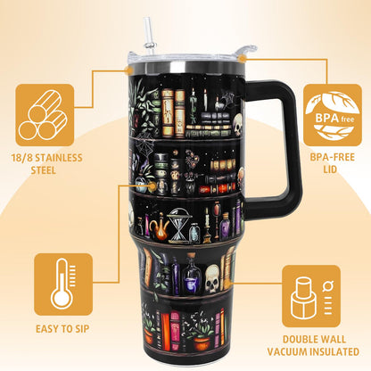 Nqhsionv Book Lovers Gifts 40oz Halloween Book Lover Tumbler Goth Skull Bookshelf Coffee Travel Mugs Christmas Insulated Cup Gifts for Women Readers,Reading,Bookish,Librarian