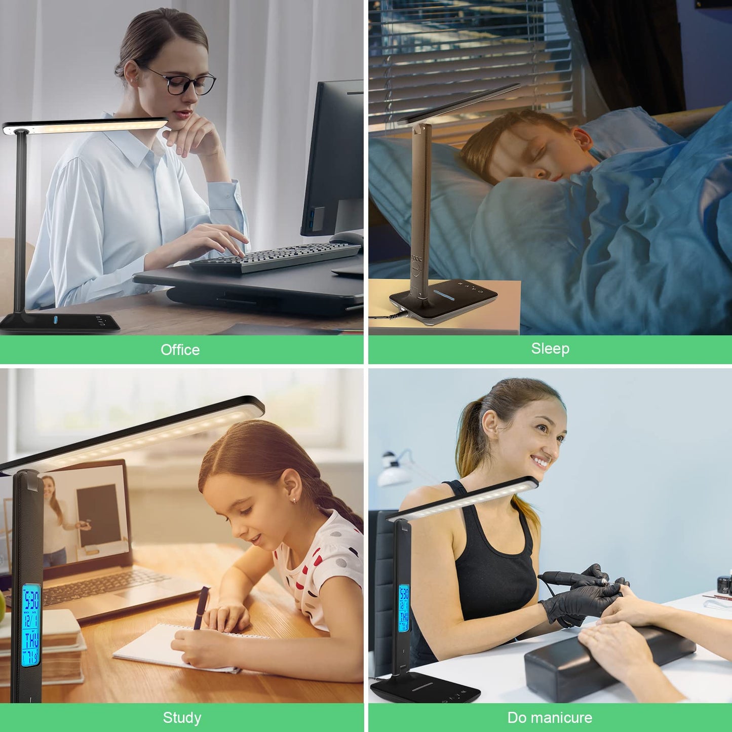 snsok Desk Light with Wireless Charger, USB Charging Port, Dimmable Office Desk Lamp with Clock, Alarm, Date, Temperature, Foldable Lamp for Table Bedroom Bedside Office