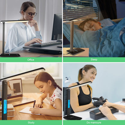 snsok Desk Light with Wireless Charger, USB Charging Port, Dimmable Office Desk Lamp with Clock, Alarm, Date, Temperature, Foldable Lamp for Table Bedroom Bedside Office