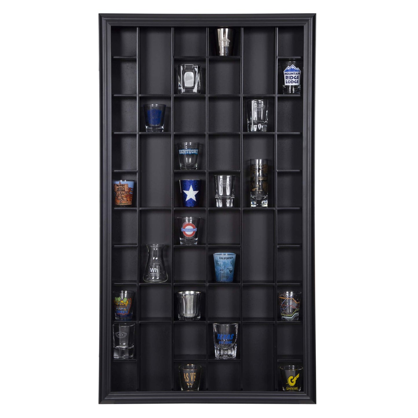 Gallery Solutions - Black Wall-Mounted - Curio & Shot Glass Display Case - 17"x32" Glass Door - Bar Accessories - Collectible - Miniature Glassware - Bar Accessories