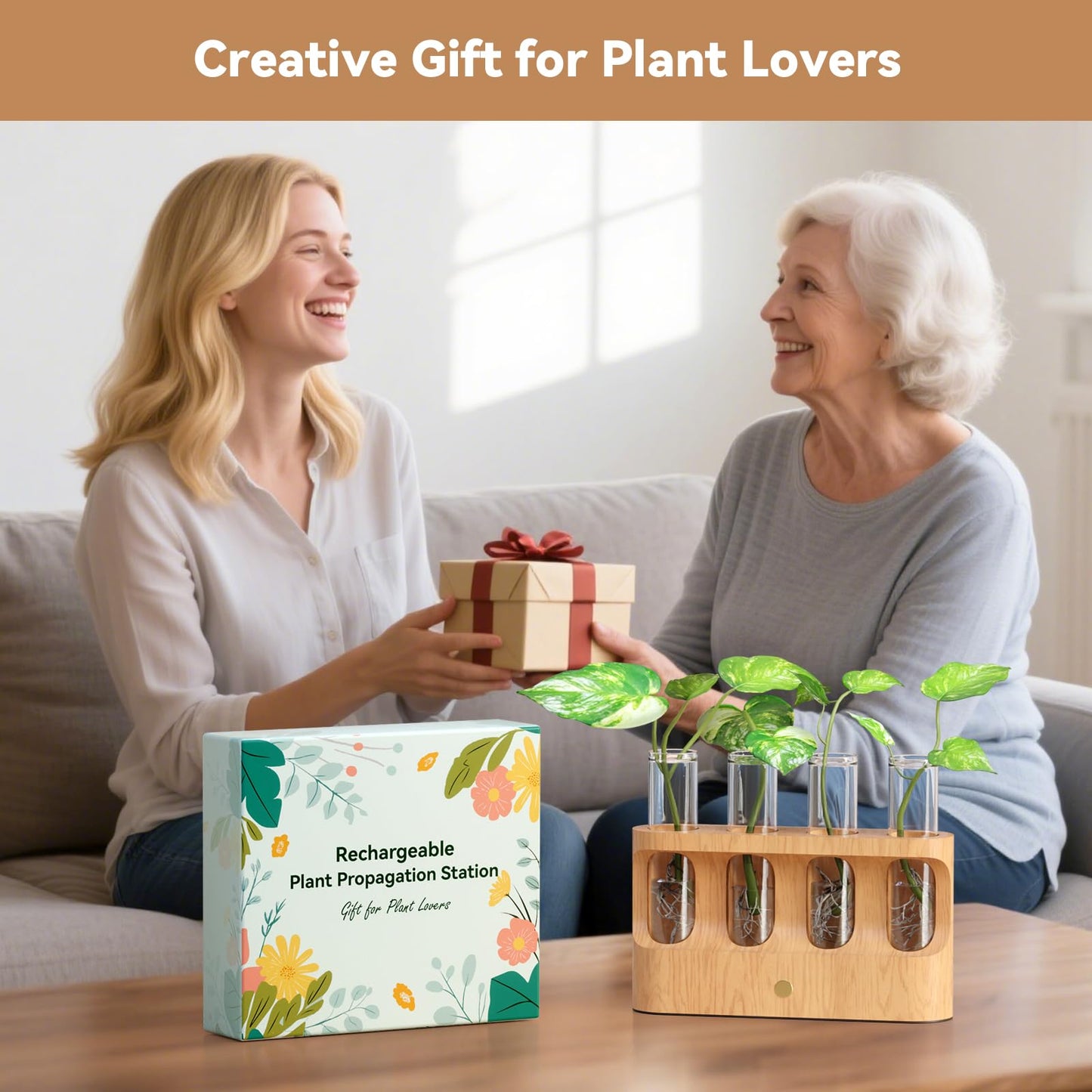 Lightalent Rechargeable Plant Propagation Station with Stepless LED Light, Wooden Stand & 4 Propagation Test Tubes, Hydroponic Plant Terrarium for Indoor Home Decor, Gift for Plant Lovers and Mothers