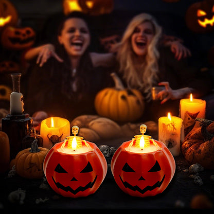 Homemory Halloween Flameless Pumpkin Candles, 2Pcs LED Real Wax Pumpkin Lamp with Skeleton, Flickering Battery Operated Candles with Remote for Halloween Decor, Theme Party, Holiday Gift, Orange