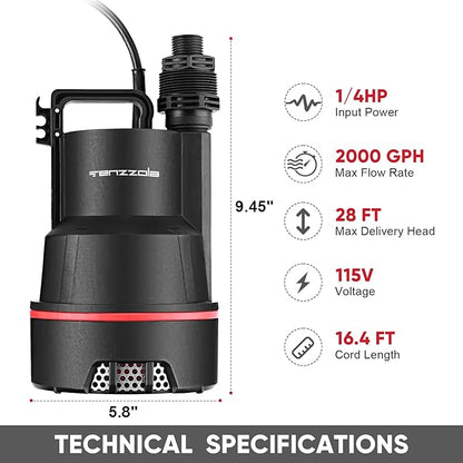 Sump Pump Submersible Utility Water Pump Thermoplastic Portable Electric Water Removal Transfer Pump with 16.4FT Cord for Swimming Pool Basement Garden Pond Tubs Draining, 1/4 HP