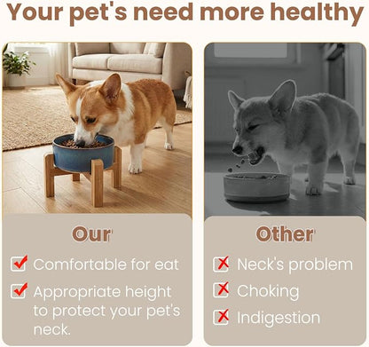 hjn Elevated Ceramic Dog Bowl with Bamboo Stand, Raised Pet Feeding Station for Small Medium Dogs Cats, Modern Design with Anti-Slip Base (Deep Blue, 3.6Cup)