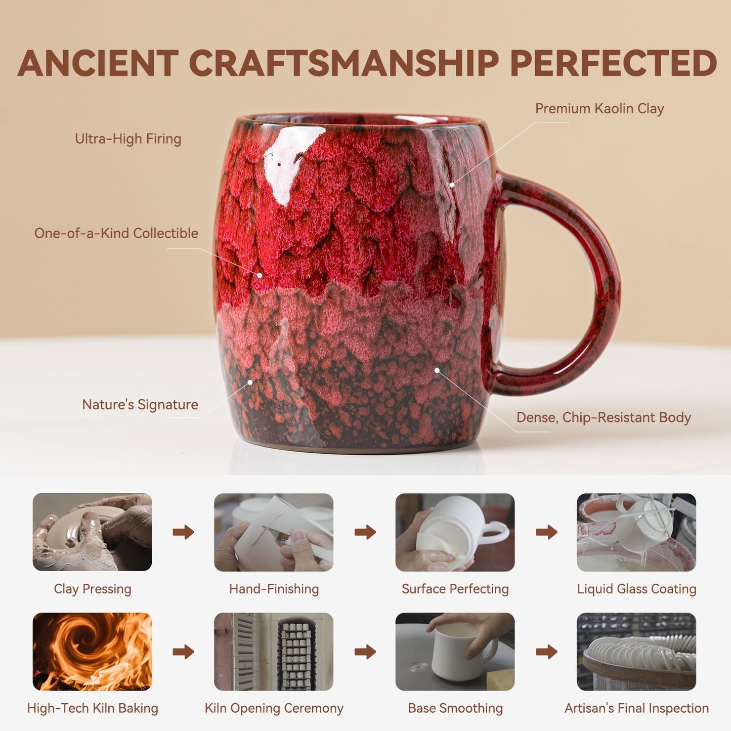 Rustic Red Ceramic Coffee Mug 14oz - Handcrafted Artisan Mug with Comfortable Handle, Unique Design for Coffee Lovers, Dishwasher Safe
