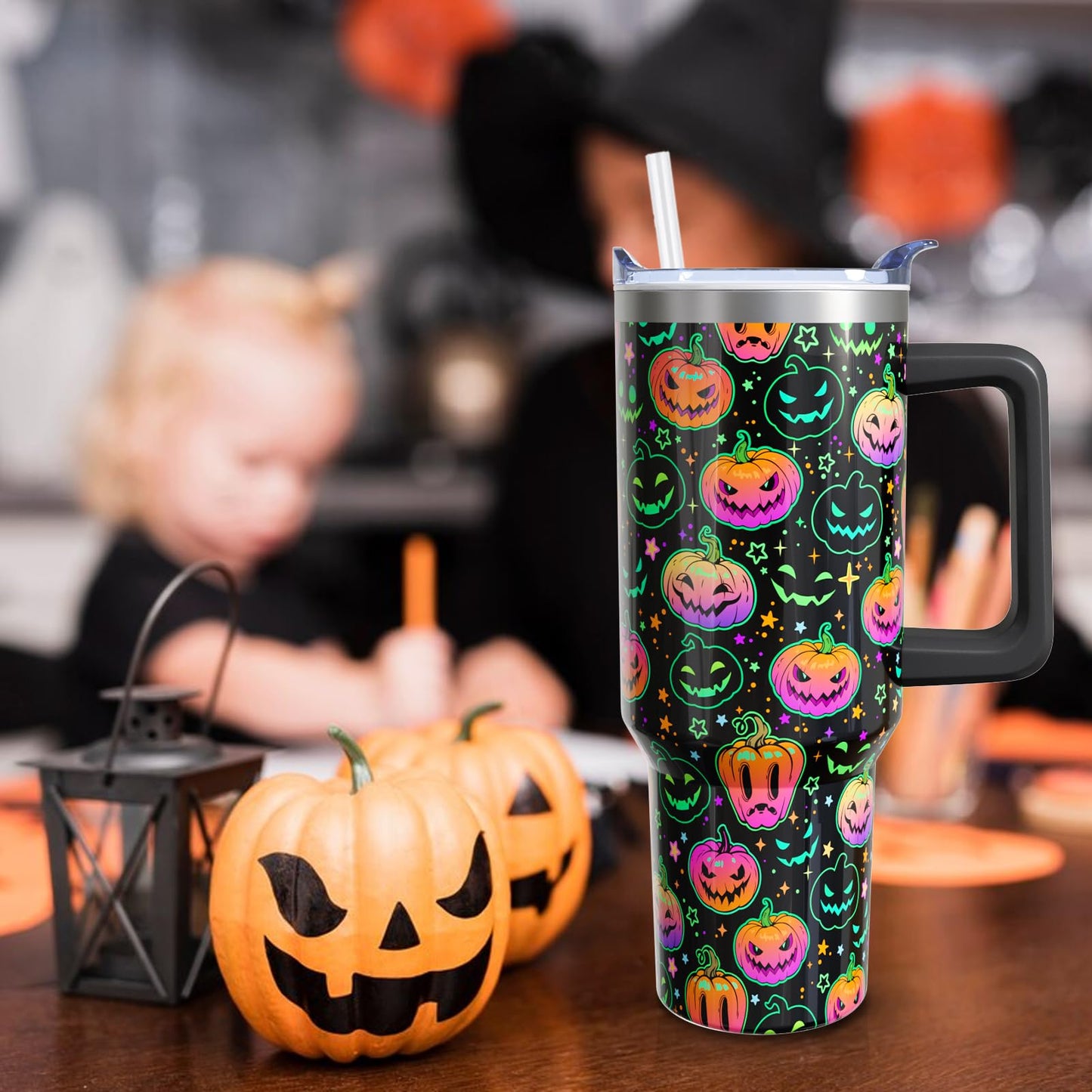 Sabobo Pumpkin Halloween Gifts for Women Men, Horror Pumpkin Face Stainless Steel Insulated Travel Coffee Cup, 40 Oz Tumbler with Handle and Straw, Holiday Birthday Water Bottle (1 PC)