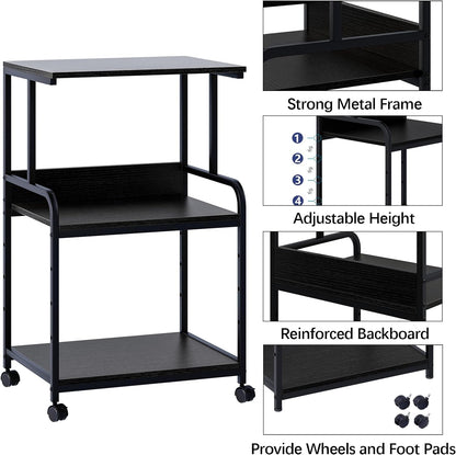 Printer Stand with Storage Shelf,3 Tier Printer Cart with Wheels,Mobile Printer Table for Home Office,Stands for Heat Press Scanner Fax,Industrial Style (Black)