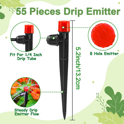 WZFLRUA 55 Pieces Drip Irrigation Emitters for 1/4" Tubing, Adjustable 360 Degree Water Flow Irrigation Multi Stream Spray Emitter On 5" Stake for Garden Watering System