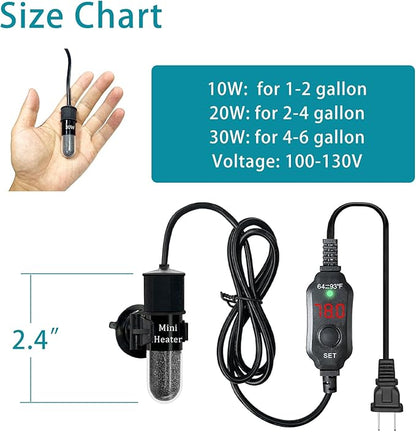 Mini Submersible Aquarium Heater, 25/50/100/150/200/300 Watts Adjustable Fish Tank Heater, Built-in Thermometer, External Temperature Controller, Smart Memory, Used for 1-60 Gallons (20W Plug)