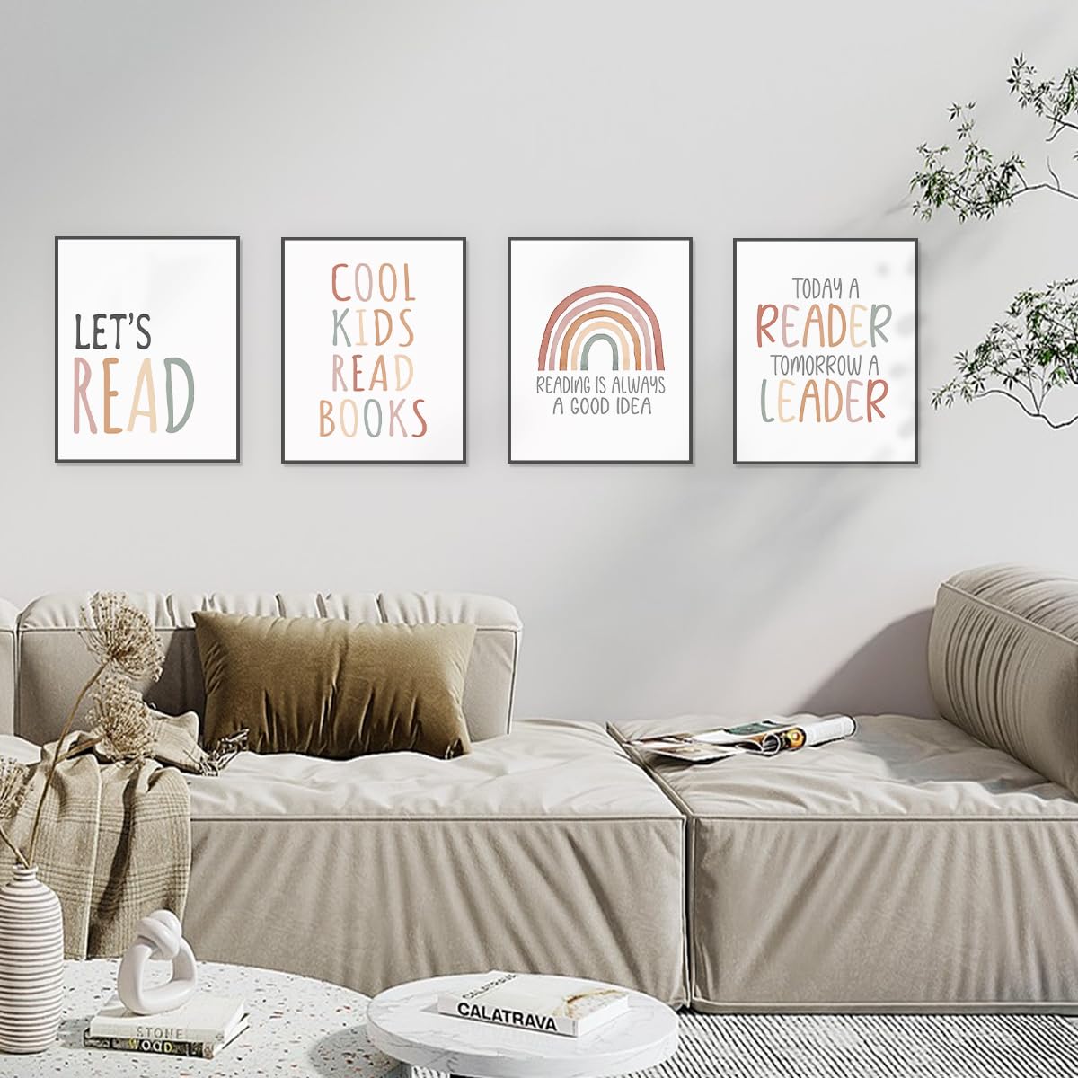 PLKMN Reading Nook Decor for Kids, Boho Rainbow Prints, Let's Read Posters, Classroom and Nook Wall Art, 8x10 Inch, Set of 4, Unframed