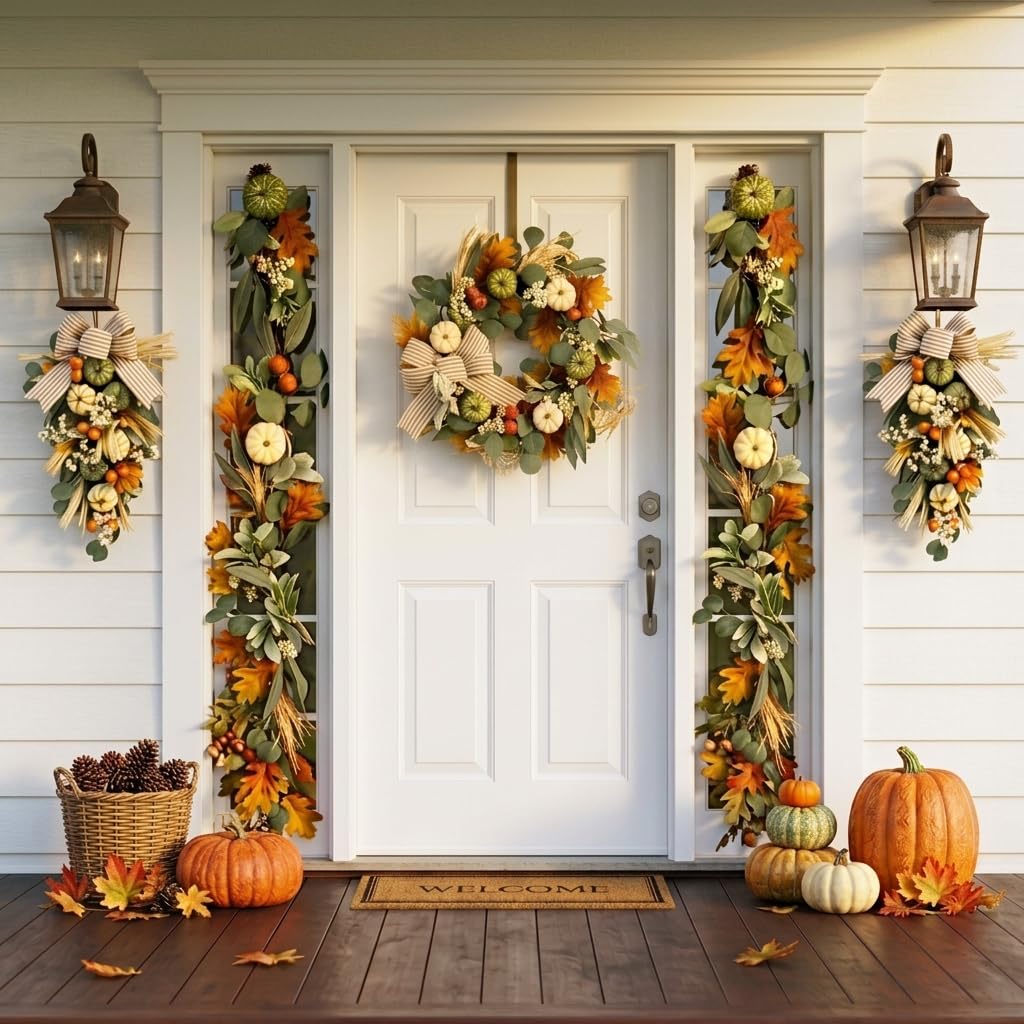 Valery Madelyn Fall Garland for Mantle, 6ft Lambs Ear Leaves Garland with Lights White Pumpkins Thanksgiving Table Centerpiece, Fall Autumn Decorations for Home Porch Fireplace Outdoor Halloween Decor