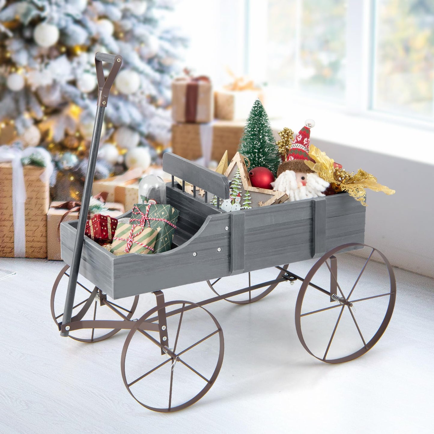 CHEFJOY Wooden Wagon Planter, Decorative Garden Wheelbarrow Planter with 2 Planting Sections, Rolling Wheels, Adjustable Handle, Small Wagon Cart Planter Stand for Flowers Vegetables Herbs (Grey)