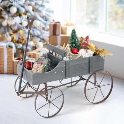 CHEFJOY Wooden Wagon Planter, Decorative Garden Wheelbarrow Planter with 2 Planting Sections, Rolling Wheels, Adjustable Handle, Small Wagon Cart Planter Stand for Flowers Vegetables Herbs (Grey)
