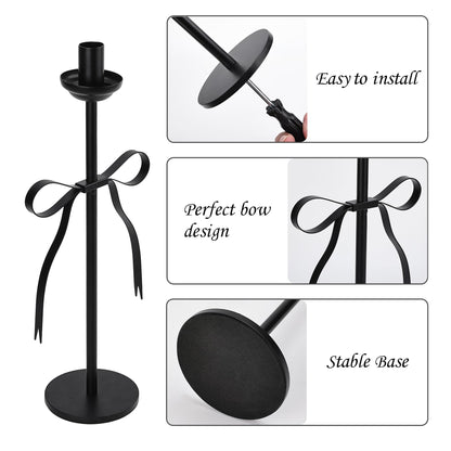 Black Taper Candlestick Holders,Set of 2 Bow Candle Stick Holders,Metal Modern Candle Stands Decorative for Dining Table Centerpiece,Wedding Decor