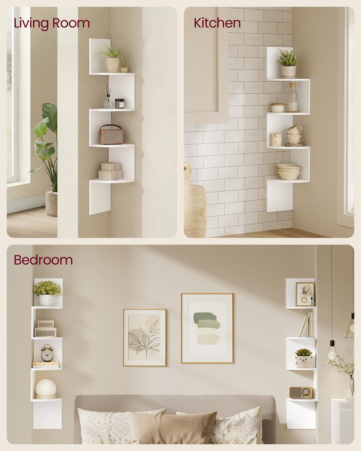 VASAGLE Set of 2, Corner Shelves Wall Mount, 4-Tier Floating Corner Bookshelves, Plant Shelves for Bedroom, Living Room, Bathroom, Home Office, Cloud White