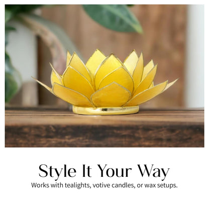Om Gallery Gemstone Lotus Tealight Holder - Handcrafted Capiz Shell Design for Soft Glow, Elegant Home & Table Decor, Wedding Centerpieces, Votive Candle Styling, and Thoughtful Gifting - Citrine