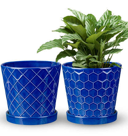 EFISPSS 6 Inch Pots for Indoor Plants,Ceramic Plant Pots,Planters with Drainage Hole and Saucer, Flower Pots Desktop Office Windowsill Decoration Gift Set of 2 - Sapphire Blue