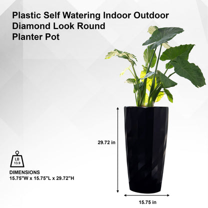 XBrand 30" H Black Plastic Self Watering Indoor Outdoor Diamond Look Round Planter Pot, Tall Decorative Gardening Pot, Home Décor Accent