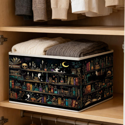 LRWHDFW Dark Gothic Book Storage Bins, Dark Academia Witchy Bookshelf Tuxedo Cat Foldable Closet Organizers Storage Basket Toybox for Reading Room Library Bedroom Bathroom Home Clothes Toys Books