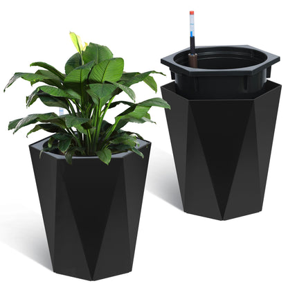 GarveeTech 16" Tall Planters Set of 2, Self-Watering Planters, Planters for Outdoor Plants, Plants Pot with Water Level Monitor & Drainage System for Garden, Porch, Patio, Balcony