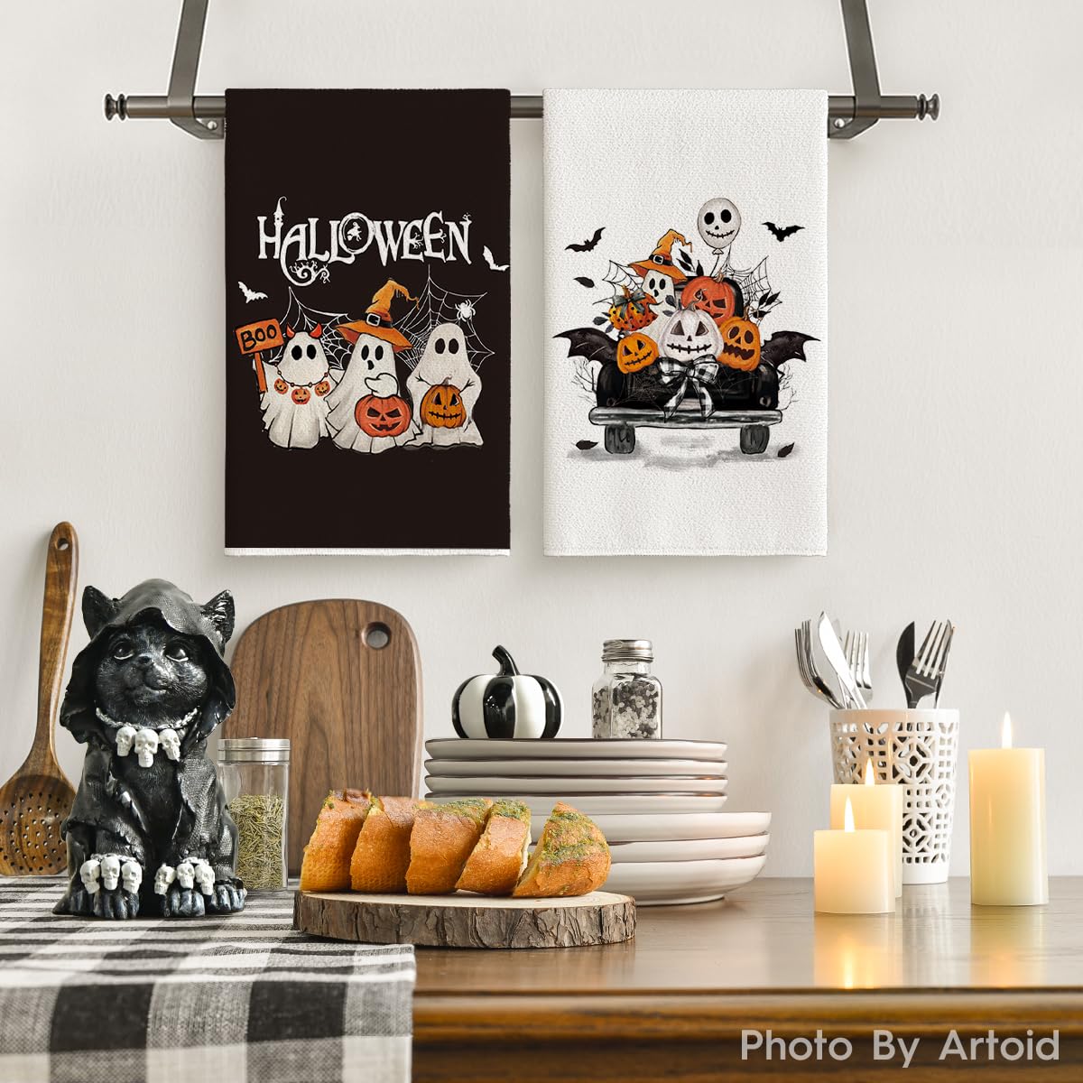Artoid Mode Ghost Pumpkins Bats Boo Truck Spooky Halloween Kitchen Towels Dish Towels, 18x26 Inch Jack-O'-Lantern Decoration Hand Towels Set of 4