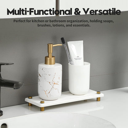 Razborci Water Absorbing Stone Sink Caddy Kitchen Sink Organizer Tray, Diatomite Bathroom Counter Tray, Gold Faucet Drying Mat Coaster Soap Dish Rack Riser Dispenser Sponge Holder, White 10" x 4"
