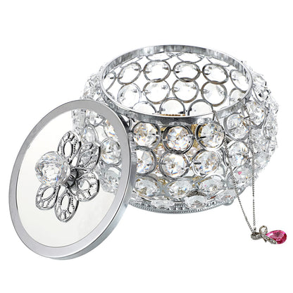 Hipiwe Crystal Jewelry Trinket Box with Glass Lid Silver Mirrored Treasure Box Decorative Jewelry Box Ring Earrings Necklace Storage Keepsake Box Gift for Women