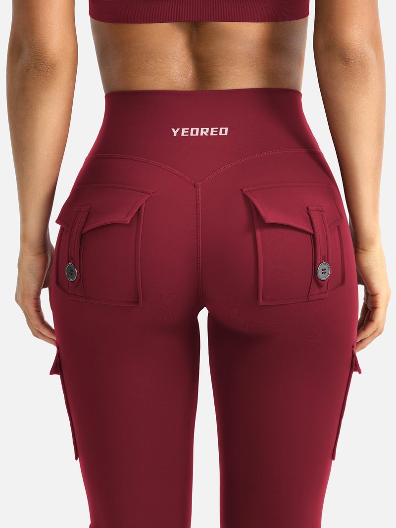 YEOREO CoreFlex Women Workout Flare Leggings with Pockets Hidden Scrunch High Waisted Cargo Gym Yoga No Front Seam Leggings (Wine, Medium, 30" Inseam)