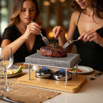 Artestia Hot Stone Cooking Set for Steak, Volcanic Stone Grill Plate with 2 Burners, Lava Steak Stone Set for Indoor Dining, Restaurant Style Searing, Personal Tabletop Cooking