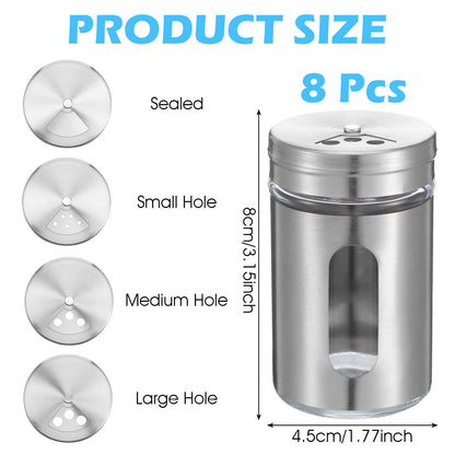 8 Pcs Premium Stainless Steel Salt and Pepper Shakers Set – Salt and Pepper Shakers,Stainless Steel Shaker for Salt Powder Sugar Cinnamon Pepper, Spice Dispenser with Adjustable Pour Holes, Silver
