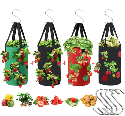 4 Pcs Hanging Strawberry Planter Bags 3 Gallon Upside Down Strawberry Planter and 4 Hooks, Sturdy Hanging Handle Thickened Breathable Felt Cloth for Herb Tomato Hot Peppers Vegetables (4Pcs 3Gal)