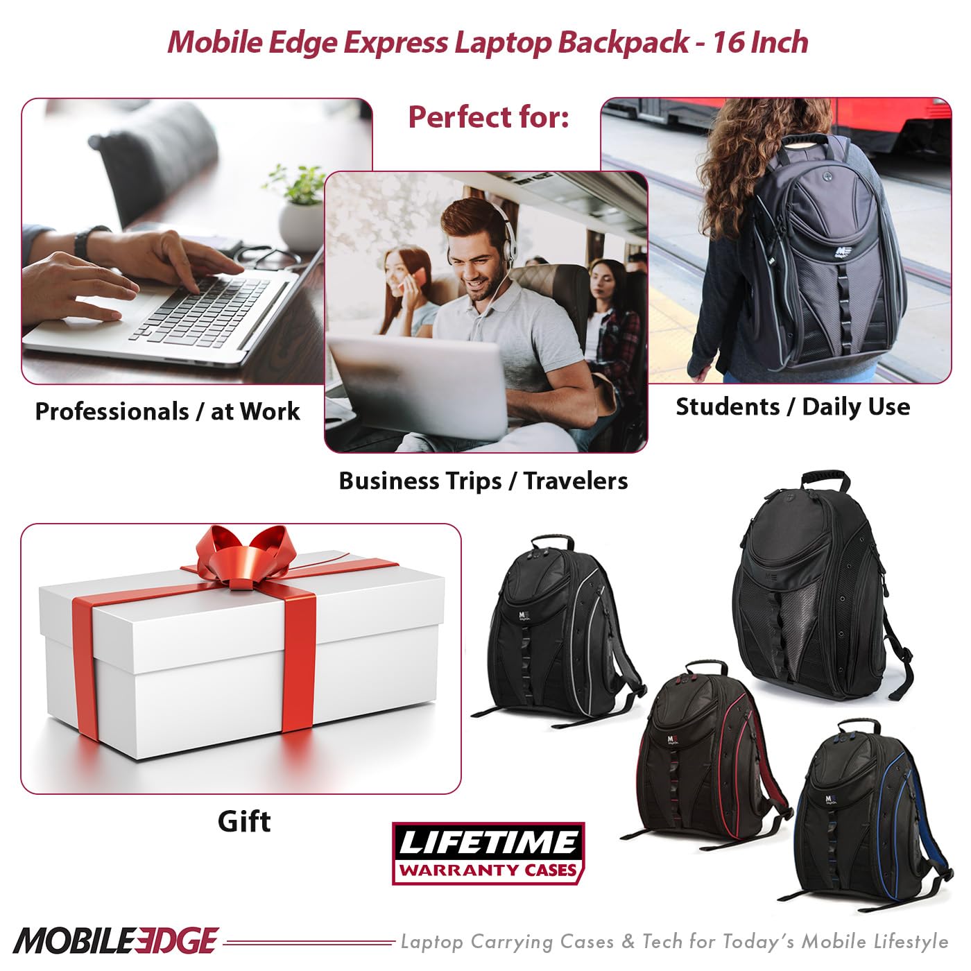Mobile Edge Express 2.0 Laptop Backpack for Men and Women, Compatible with PC and Mac Laptops 16-17 Inch, Travel Work Business Computer Bag, MEBPE32, Black with Royal Blue Trim