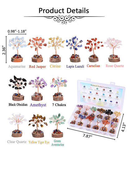 Jovivi 12pcs Chakra Crystal Tree Set, Tree of Life Gemstone Money Trees w/Wooden Base,Natural Healing Crystals Stones for Positive Energy Good Luck Home Office Decor for Women Mom Birthday Gifts