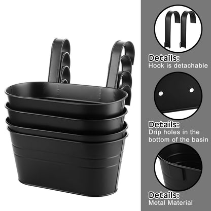 Hicarer Metal Hanging Flower Pots for Railing Fence, Large Hanging Rail Planters for Outdoor Window Balcony Plants Holder with Hooks for Garden Yard Home Decor(Black,4 Pcs)