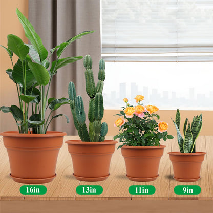 Pottiffe 13 Inch Plastic-Flower-Pot-for-Indoor-Plants, 4 Pack Large Outdoor Planter Pot with Drainage Holes & Saucers, Resin Decorative Garden Pots Planters