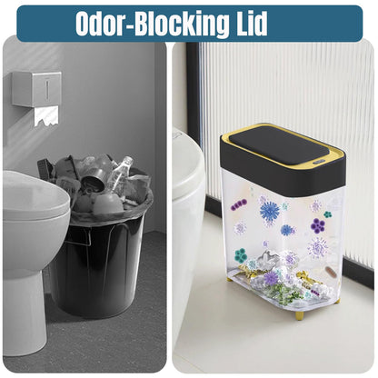 LALASTAR 2-Pack Bathroom Trash Can with Lid, Slim Motion Sensor Trash Can, Small Automatic Garbage Can Touchless, Waterproof Trash Bin for Bedroom, Office, Living Room, 2.3 Gal, Black with Gold Trim