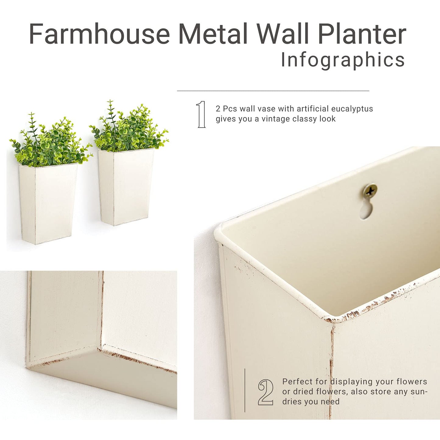 Dahey 2 Packs Metal Wall Planter Vase with Artificial Eucalyptus, Farmhouse Wall Decor Hanging Fake Plants Flowers Holder for Country Rustic Bedroom Bathroom Living Room Kitchen Decoration, White