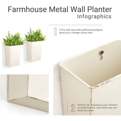 Dahey 2 Packs Metal Wall Planter Vase with Artificial Eucalyptus, Farmhouse Wall Decor Hanging Fake Plants Flowers Holder for Country Rustic Bedroom Bathroom Living Room Kitchen Decoration, White