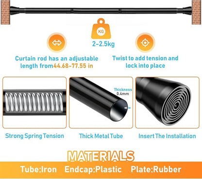 MEXAU Black Shower Curtain Rod 45 To 77 Inch Tension Shower Rod For Bathroom 7/8" Adjustable Spring Curtain Rod No Drilling Spring Curtain Rod Black Tension Curtain Rods for Windows Doorway Closet