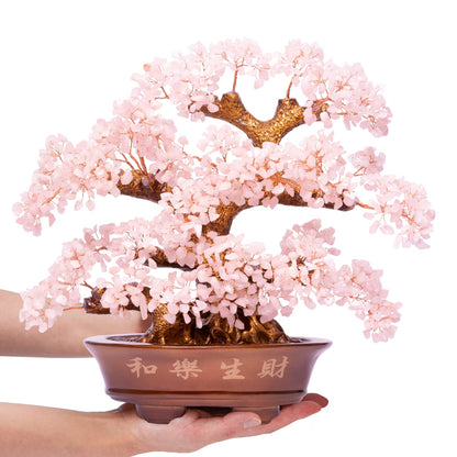 GEMBOURY Natural Rose Quartz Tree Large,14" Chakra Crystal Tree(1,251 Gemstone Count) w/Lucky Coins Chain Healing Properties - Bonsai Feng Shui Money Tree for Love Self Care Home Office Decoration