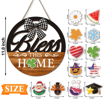 Interchangeable Seasonal Bless This Home Hanging Sign - Farmhouse Front Door Decoration for Spring All Seasons Holidays - Rustic Round Wood Wreaths with 12 Icons(Orange)