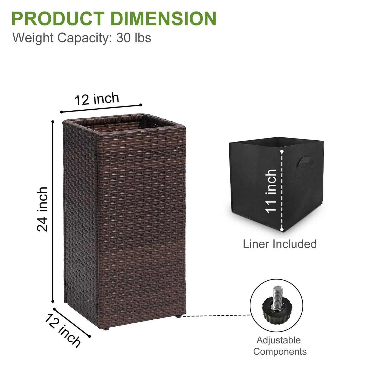 LEWIS&WAYNE Set of 2 Tall Planters for Outdoor Plants Handmade 24'' Wicker Tall Square Planter Box with Removable Liners Modern Planter for Indoor Outdoor Garden Patio Front Porch - Brown