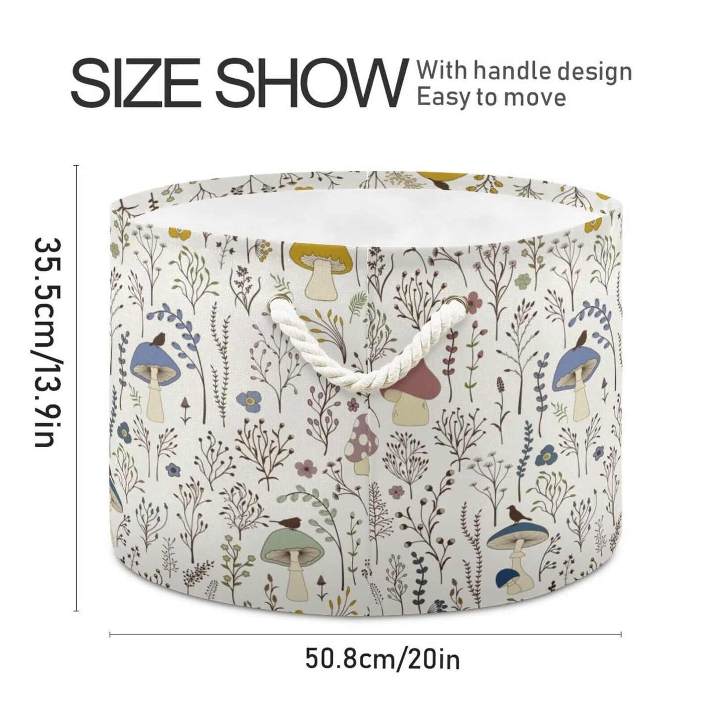Retro Mushroom Print Round Storage Basket Mushroom Wild Plant Large Laundry Hamper 20 x 20 x 14 Inches Organizer Bin with Cotton Rope Handles Clothes Storage Bag for Nursery Bedroom Living Room Decor