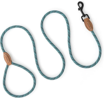Mile High Life Small Dog Leash, Thin Rope Leash with Genuine Leather Connection and Heavy Duty Metal Clasp, Great for Small Medium Dogs(Turquoise Green, 60 Inch-1/3)